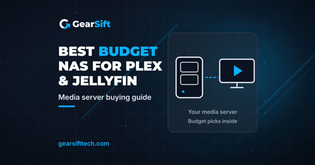 Best budget NAS for Plex and Jellyfin, with a NAS icon streaming to a TV