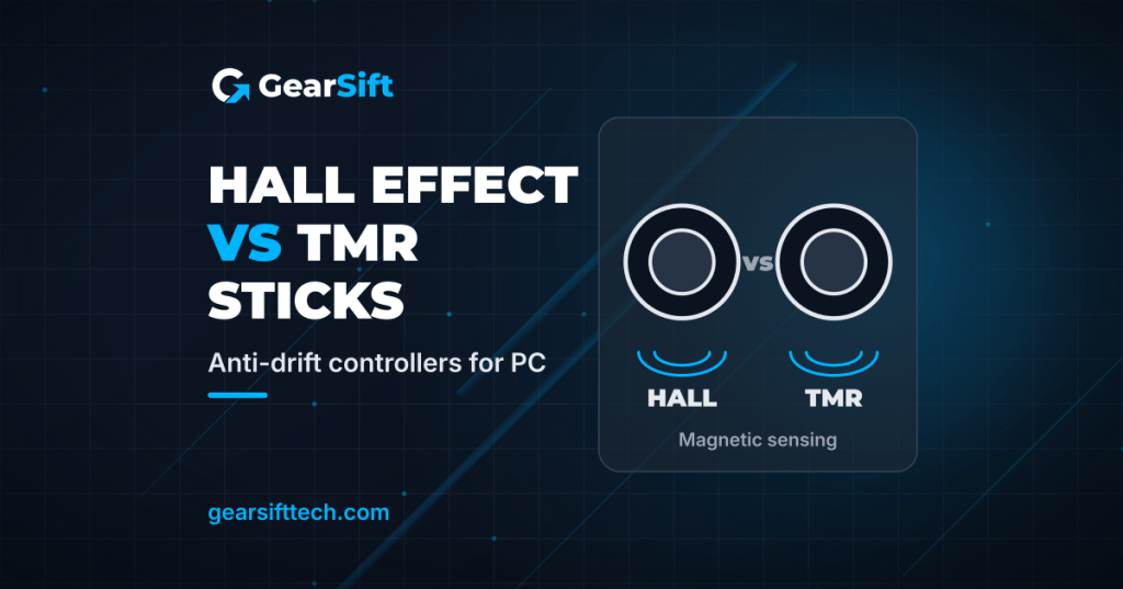 Hall effect vs TMR sticks: two identical controller thumbstick icons with magnetic field lines